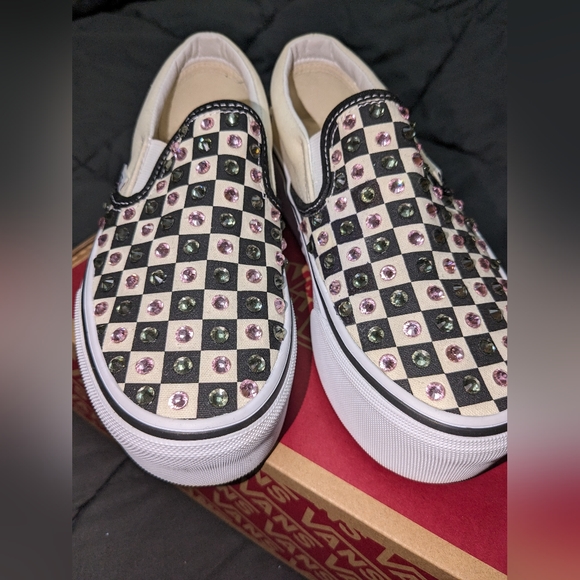 Blinged out DiamondVans classic checked slip on stack form shoes size 5 Women's - Picture 4 of 15